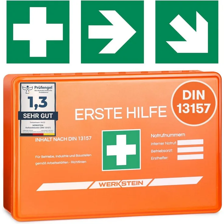 Werkstein Erste-Hilfe-Koffer DIN 13157:2021 Small - Wandhalterung, 3x Aufkleber, Gesichtsmasken & Feuchttücher - Orange