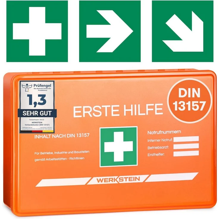 Werkstein Erste-Hilfe-Koffer DIN 13157:2021 Small - Wandhalterung, 3x Aufkleber, Gesichtsmasken & Feuchttücher - Orange
