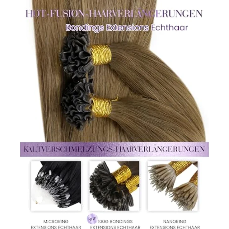 LaaVoo 55cm Echthaar Bonding Extensions, Ombre Braun mit Balayage Blond, pre-bonded Keratin U-Tips, 50g – Bild 5