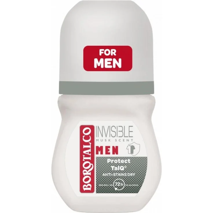 Borotalco Men Invisible Dry Deo Roll On, 50 ml, alkoholfreier Deodorant mit langanhaltendem Schutz und ohne Fleckenbildung