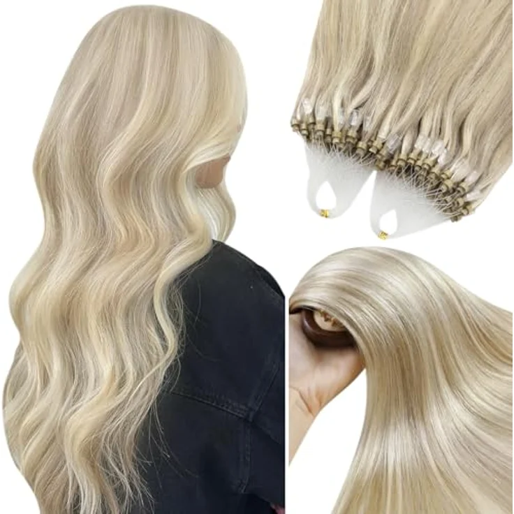 YoungSee Microring Extensions Blond Highlight, Echthaar 55cm, 50g Micro Loop Haarverlängerung, Kaltfusion 16/22, unsichtbare Befestigung, atmungsaktiv und pflegeleicht – Bild 1