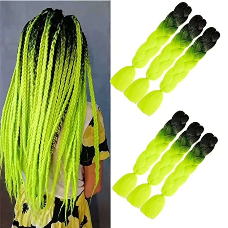 Shangxiu Jumbo Braids Extensions, 6 Stück Haarverlängerungen, 24 Zoll, Black to Fluorescent Green, hitzebeständige synthetische Faser – Bild 1