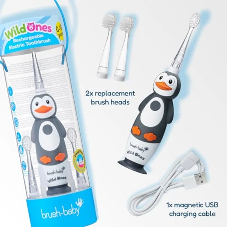 Brush Baby WildOnes WildOne, elektrische Zahnbürste für Kinder mit Schalltechnologie und 2 Ersatzaufsätzen, Penguin Design – Bild 9