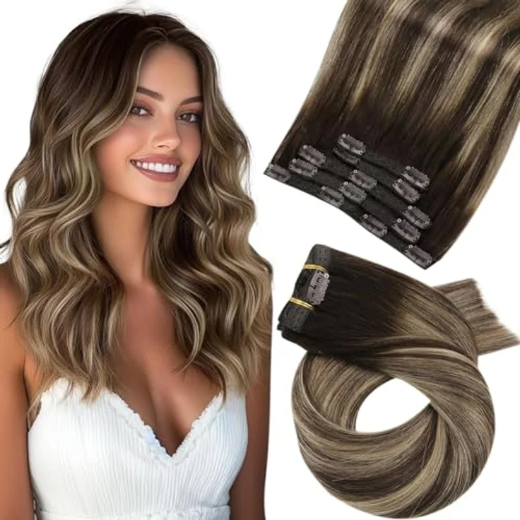 Moresoo Clip in Extensions Echthaar Balayage Remy, Ombre Dunkelbraun mit Karamellblond, 7pcs 120g, 45 cm – Bild 1