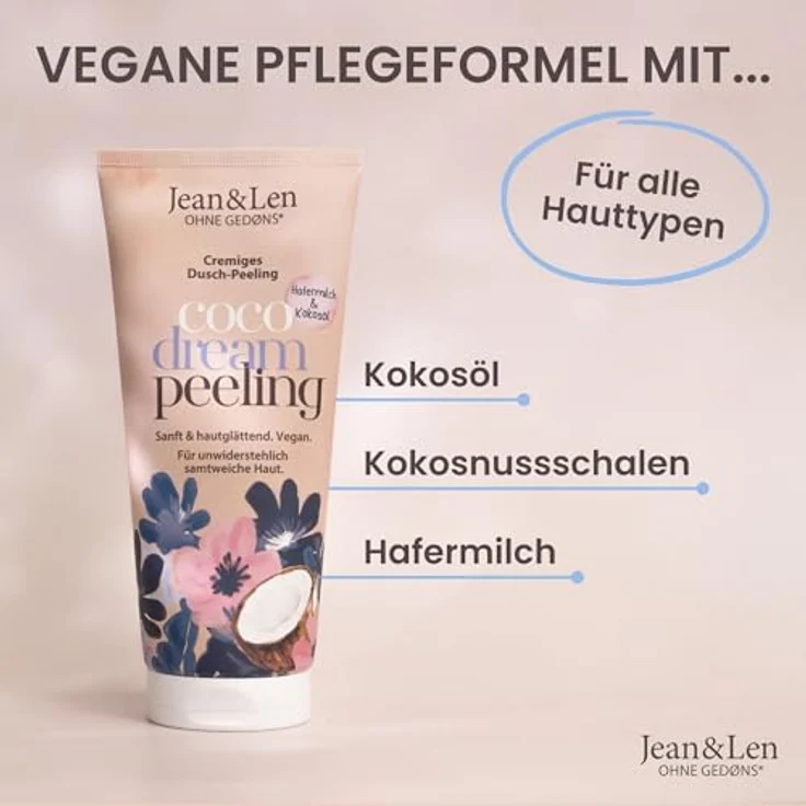 Jean & Len Duschpeeling Hafermilch & Kokos, veganes Körperpeeling mit Kokosnussschalen, entfernt Hautschüppchen, 200 ml – Bild 2