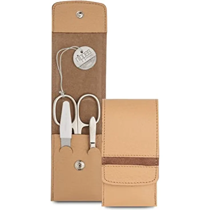 Nippes Gap Taschen-Maniküre-Set hellbraun, inkl. Kombinierte Haut- und Nagelschere, Saphirfeile & Pinzette, aus rostfreiem Stahl, Rindleder-Etui