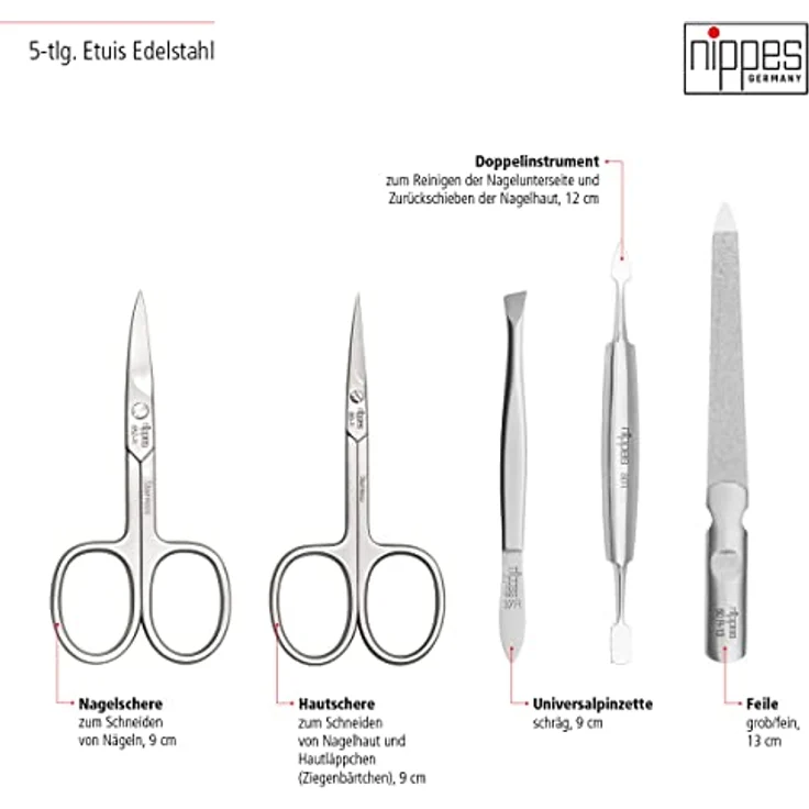 Nippes Classic Maniküre-Set braun, inkl. Hautschere, Nagelschere, Saphirfeile, Pinzette & Doppelinstrument, aus rostfreiem Stahl, Rindleder-Etui – Bild 4