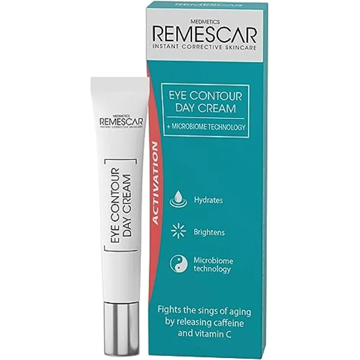 Remescar Augenkontur Tagescreme 15ml – Tagespflege mit Zusatz von Koffein & Vitamin C – Augencreme gegen Tränensäcke und Augenringe - Reduzierung von Anzeichen der Hautalterung
