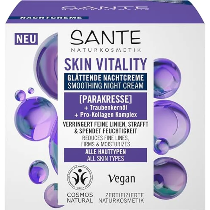 SANTE Naturkosmetik Face Skin Vitality Nachtcreme, regenerierende Anti-Falten Pflege mit Parakresse, Traubenkernöl & Pro-Kollagen, 50ml – Bild 2