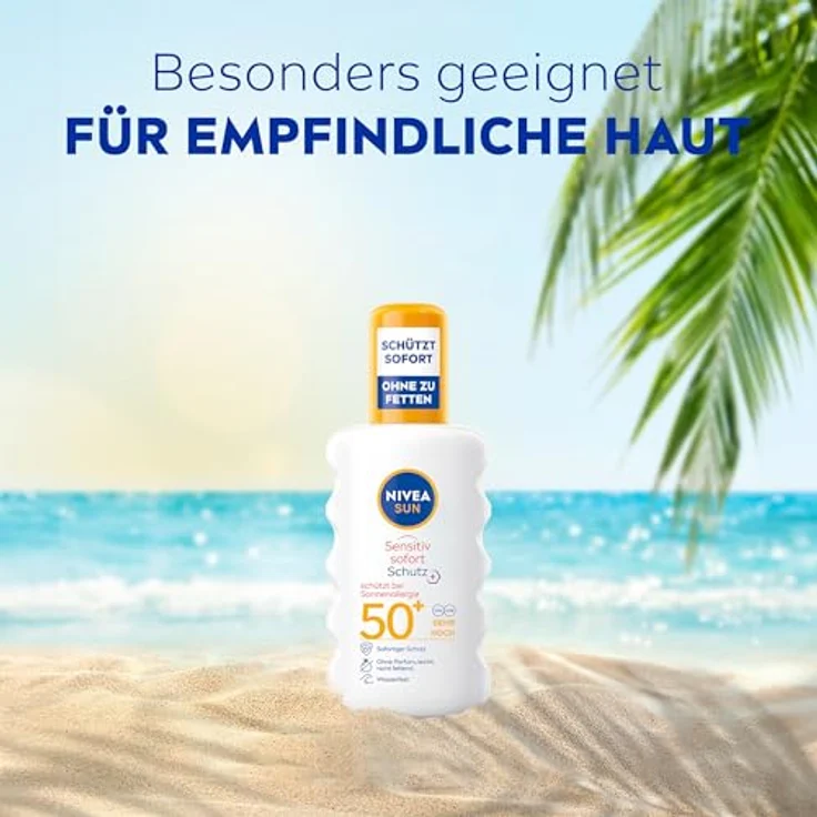 NIVEA SUN Sensitiv Sofort Schutz Sonnenspray LSF 50+, wasserfester & duftfreier Sonnenschutz für empfindliche Haut, 200 ml – Bild 4