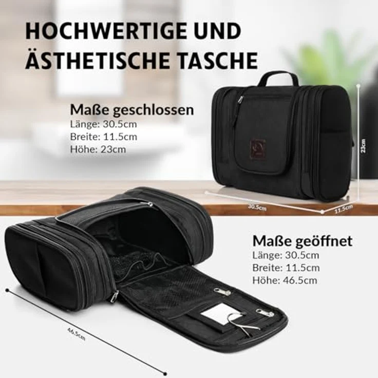 Obics Kulturbeutel Damen & Herren Gross schwarz 8L XXL - Kulturtasche zum Aufhängen, mit Spiegel - Outdoor Kosmetik-Tasche groß als Geschenke-Set mit 10 Fächer für Camping & Reisen – Bild 4