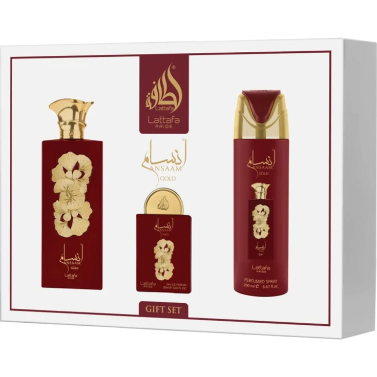 Lattafa Ansaam Gold Geschenkset für Damen, Eau de Parfum Set mit 100 ml Spray, 20 ml Miniatur und 200 ml Deodorant