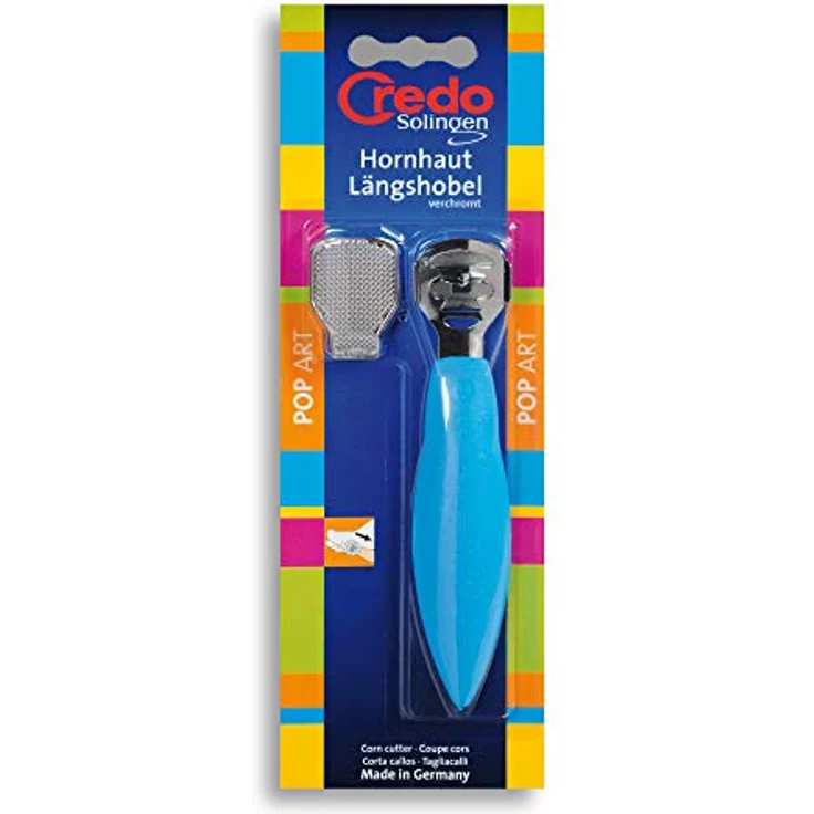 CREDO Hornhaut Längshobel POP ART, verchromt mit Raspelclip, blau, Made in Solingen – Bild 2