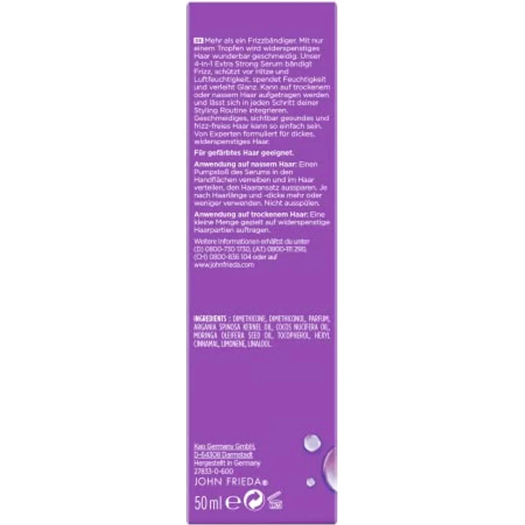 John Frieda 4 in 1 Extra Strong Serum - Inhalt: 50ml - Haartyp: dick, widerspenstig - Aus der Frizz Ease Serie - Bändigt Frizz - Schützt vor Hitze & Luftfeuchtigkeit – Bild 2