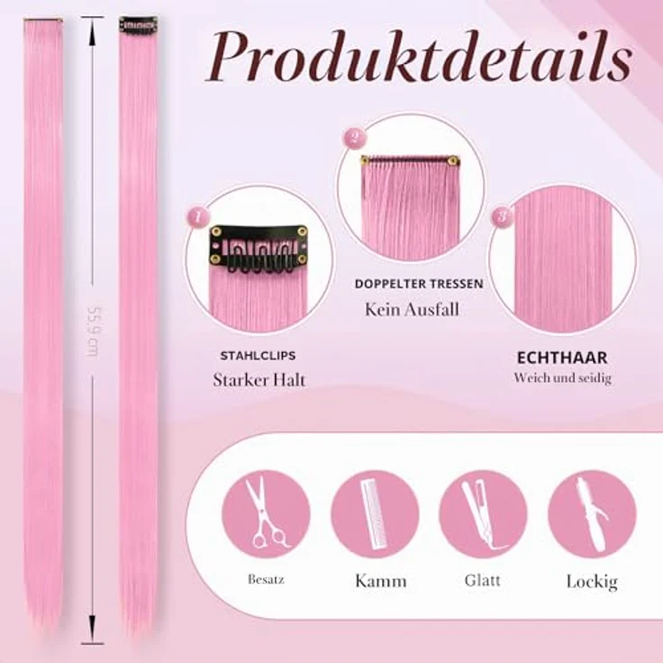 FESHFEN Farbige Haarverlängerung, 10 PCS Rosa Clip-in Haarteil aus synthetischem Material, 55 cm für sofortiges Highlight und bunte Frisuren – Bild 4