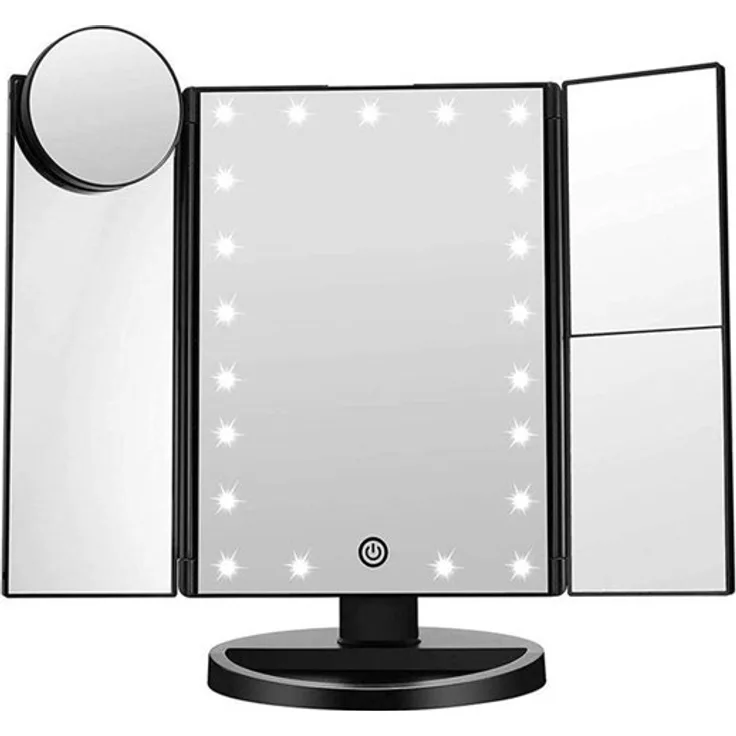 UNIQ Hollywood Trifold Make-up Spiegel, schwarzes Design mit 21 LED-Leuchten, 2x- und 3x-Vergrößerung und Ablagefach