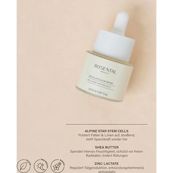 Rosental Organics Décolleté Glow Serum - Anti-Aging feines Glitter Serum mit Sheabutter & Stammzellen der Edelweißpflanze - Frischer Kokosgeruch - 20 ml - Contouring & Highlighter – Bild 3