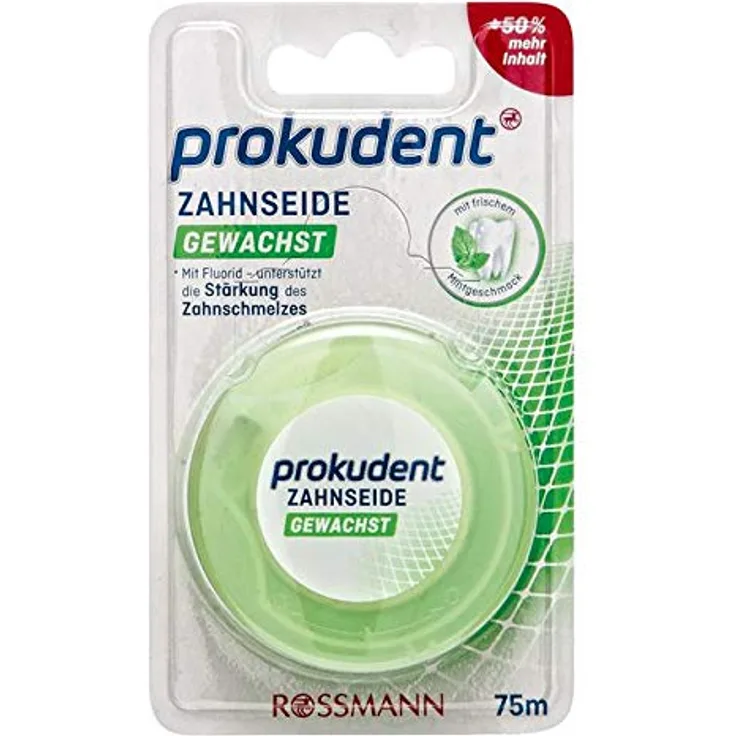 Prokudent Zahnseide gewachst 1 x 75 m mit frischem Minzgeschmack, mit Fluorid - unterstützt die Stärkung des Zahnschmelzes