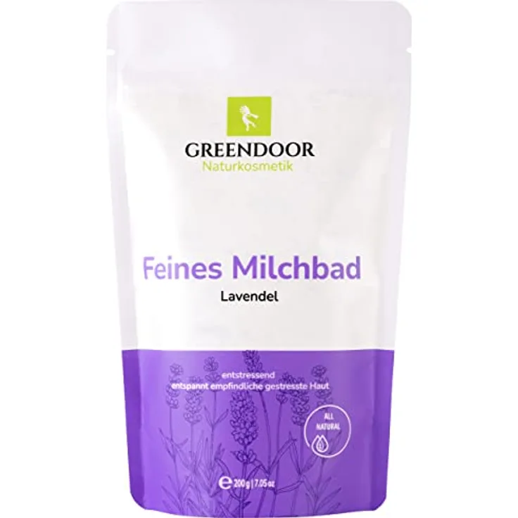 GREENDOOR Milchbad Lavendel 200g aus der Naturkosmetik Manufaktur, Haut pflegendes Milch Bad, natürlicher Badezusatz, biologisch abbaubar, Natur Entspannungsbad, Wellness Bad, Geschenke