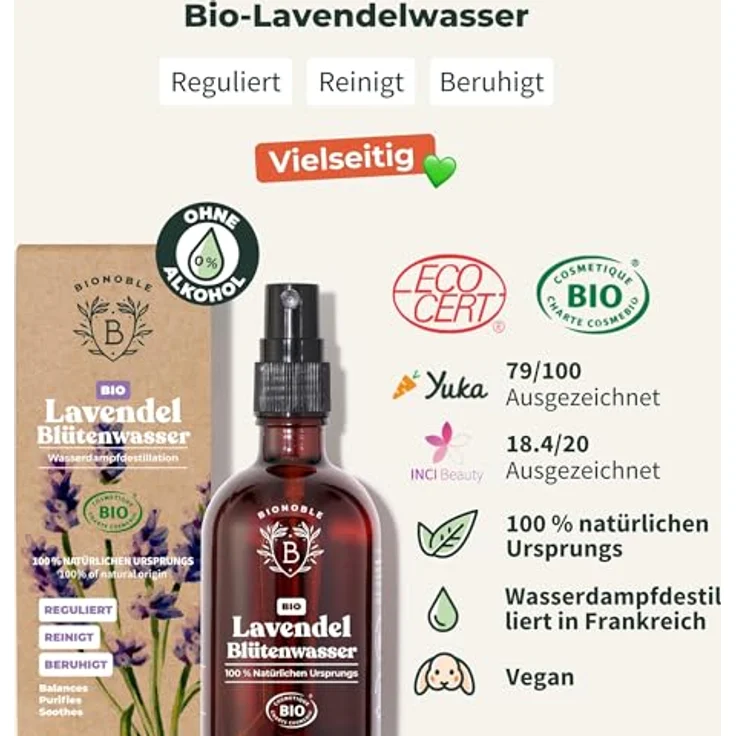 BIONOBLE Lavendelspray Bio für Kopfkissen, Haut, Gesicht und Körper, 100ml - Alkohol- und synthetikfrei, beruhigend und multifunktional, hergestellt in Frankreich – Bild 2