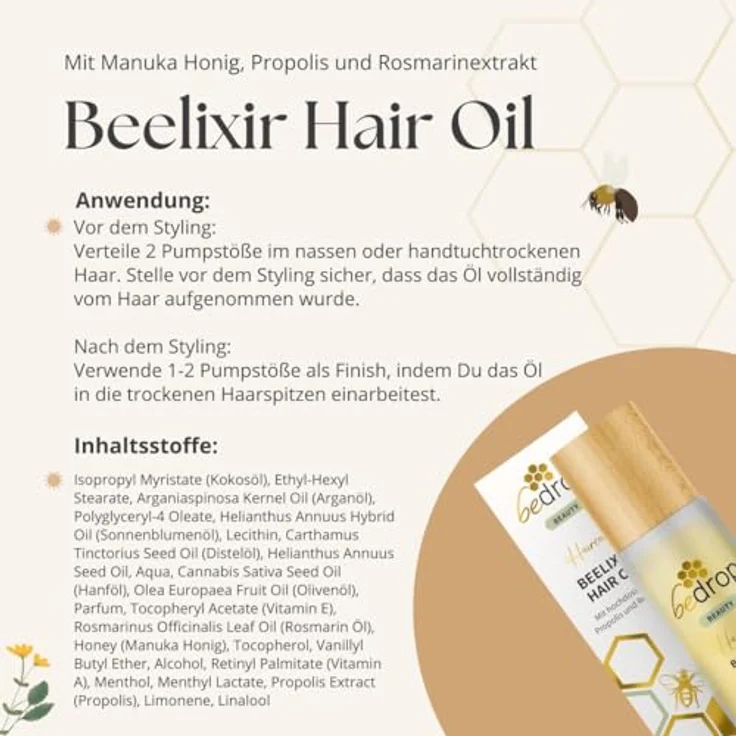 bedrop Beelixir Hair Oil/Haaröl mit Manuka Honig, Propolis & Rosmarinextrakt auf Basis von Arganöl - 30ml (3) 3er Set, für geschmeidiges und starkes Haar – Bild 5
