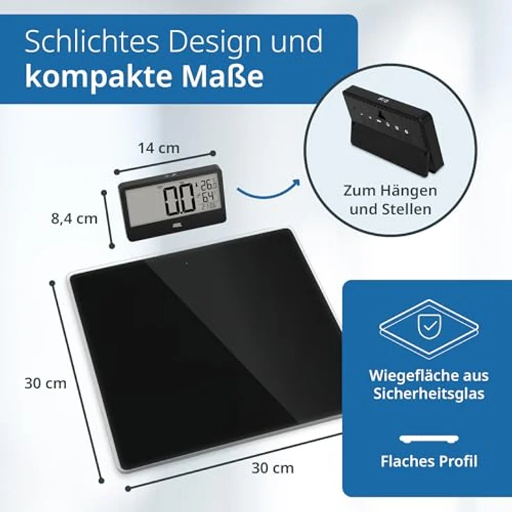 ADE Digitale Personenwaage Ronja mit Funk-Display bis 180 kg, ablesbar auf Augenhöhe, ideal für Senioren, mit Baduhr, Hygrometer und Innenthermometer, schwarz – Bild 5