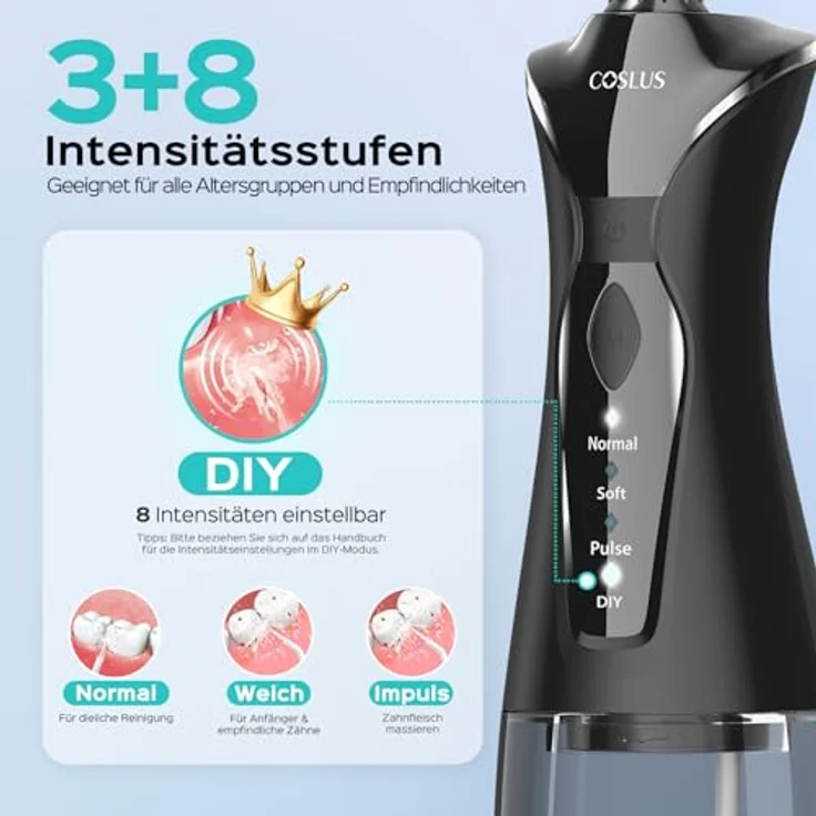 COSLUS Kabellose Munddusche, Elektrischer Zahnreiniger mit 4 Modi, 300ml Wassertank, 30 Tage Akkulaufzeit, IPX7 Wasserdicht, 4 Multifunktionsdüsen – Bild 4