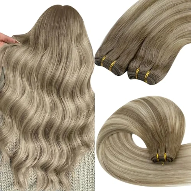 YoungSee Echthaar Tressen 35 cm, Ombre Blond Extensions zum Einnähen, Mittelbraun-Platinblond, 100g, Doppelt, verwicklungsresistent, vielseitig stylbar – Bild 1