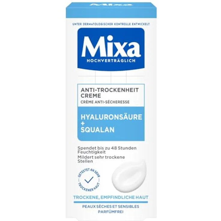 Mixa Anti-Trockenheit Creme, Gesichtscreme für trockene, empfindliche Haut mit Hyaluronsäure und Squalan, 50 ml