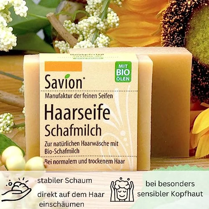 Savion Naturseife für Haare | Schafmilch & Bio-Öle | Trockene Kopfhaut, für normales und trockenes Haar, Palmölfrei, BIO, 85g – Bild 5