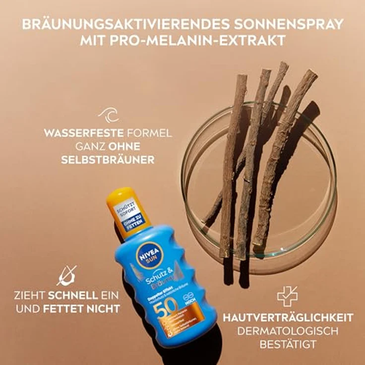 Nivea SUN Schutz & Bräune Spray LSF 50, 200ml, wasserfest, nicht fettend, Pro-Melanin-Extrakt – Bild 5
