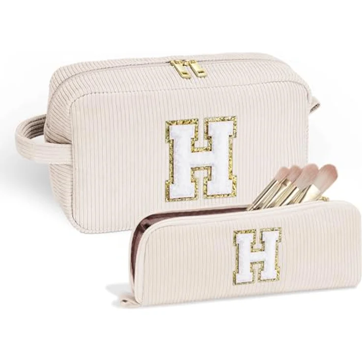 Parima Personalisierte Kosmetiktasche Damen, Cord Make Up Tasche mit Buchstaben H, 2-teilig, 25 x 15 x 9 cm, ideal für Reisen und persönliche Gegenstände – Bild 1