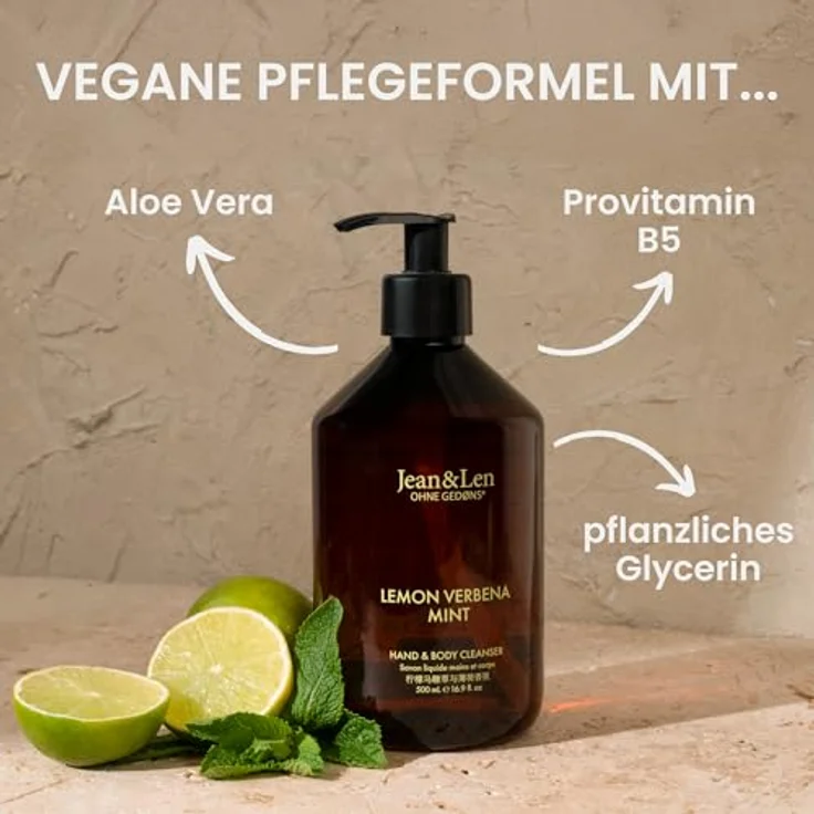 Jean & Len Hand & Body Cleanser Lemonverbena & Mint, vegane Flüssigseife, 500 ml, für normale bis trockene Haut, erfrischender Duft in hochwertiger Flasche – Bild 3