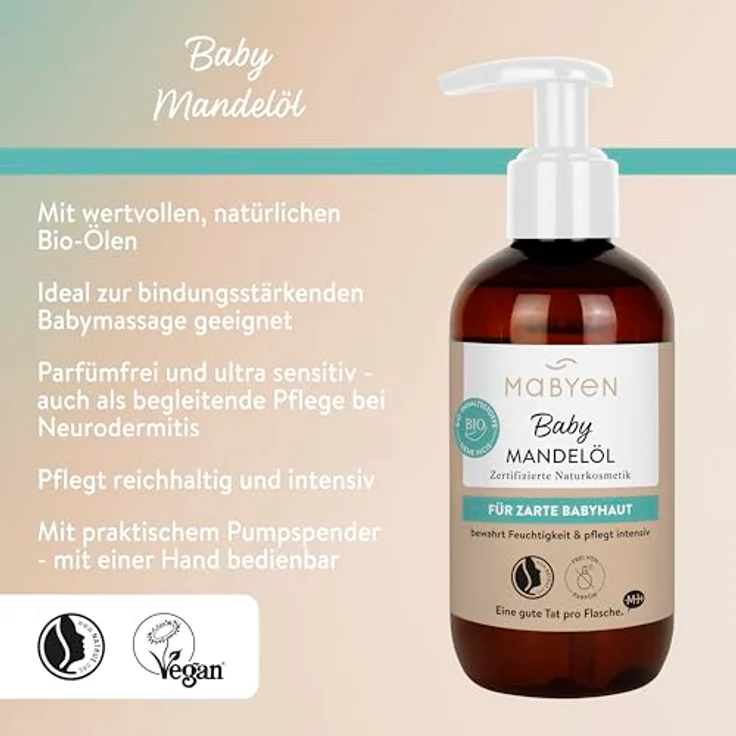 MABYEN Bio Baby Öl Mandel, 200ml, vegan, parfümfrei, NATRUE-zertifiziert, Hebammen empfohlen, ideale Basispflege für empfindliche Babyhaut – Bild 2