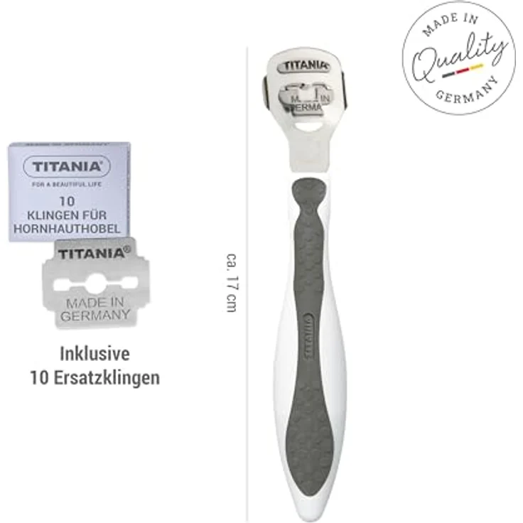 TITANIA Hornhauthobel, professioneller Hornhautentferner aus rostfreiem Edelstahl mit 10 Ersatzklingen, grau – Bild 2
