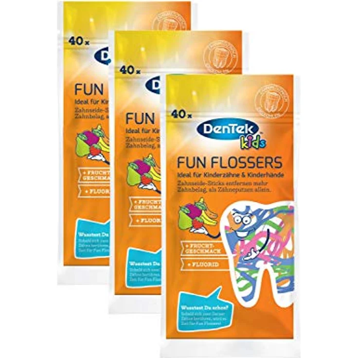 Dentek Fun Flossers Kids - Zahnseide-Sticks speziell für Kinder - mit Fruchtgeschmack - rutschfester Griff - bunte Farben 40 Stück – Bild 2