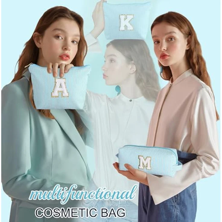 Parima Kosmetiktasche Set, 2 Stück Klein in Hellblau, Reise Schminktasche mit Fächern und personalisierbarem Chenille-Buchstaben – Bild 2