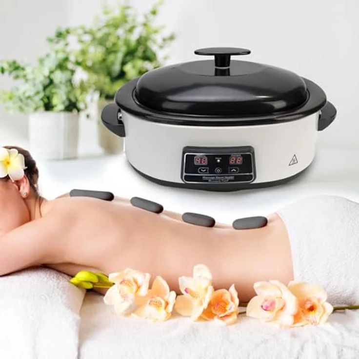 Casativo Hot Stone Massage Set, Digital Warmsteingerät 750W mit 23 Natursteinen, 70°C, weiß-schwarz, für ganzheitliche Schmerztherapie und Muskelentspannung – Bild 2