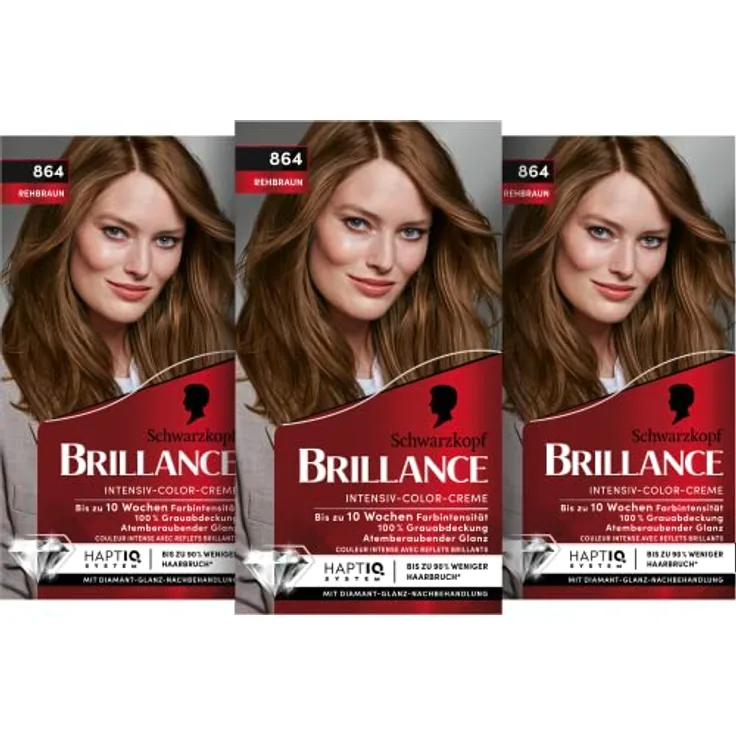 Brillance Intensiv-Color-Creme 864 Rehbraun Stufe 3 (3 x 160 ml), dauerhafte Haarfarbe mit Diamant-Glanz-Effekt & Pflege-Conditioner, 10 Wochen Farbintensität