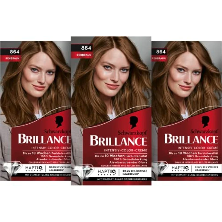 Brillance Intensiv-Color-Creme 864 Rehbraun Stufe 3 (3 x 160 ml), dauerhafte Haarfarbe mit Diamant-Glanz-Effekt & Pflege-Conditioner, 10 Wochen Farbintensität – Bild 1