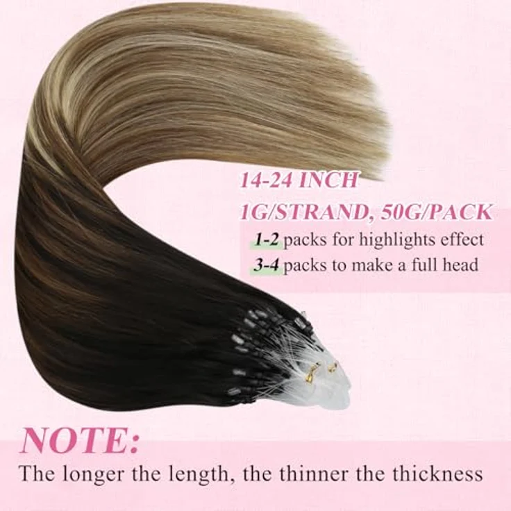 YoungSee 60 cm Microring Extensions Echthaar Balayage, Braun-Blond, Kaltfusion, 50g, für Damen – Bild 5