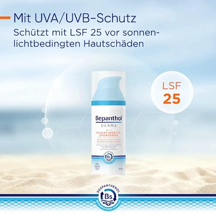 BEPANTHOL DERMA Feuchtigkeitsspendende Gesichtscreme mit LSF 25, für empfindliche und trockene Haut, mit Dexpanthenol, 50 ml Pumpflasche – Bild 4