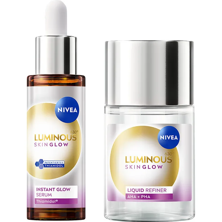 NIVEA LUMINOUS630® Skin Glow Liquid Refiner 100ml + Skin Glow Instant Glow Serum 30ml, für ebenmäßiges Hautbild und porenverfeinernde Feuchtigkeit