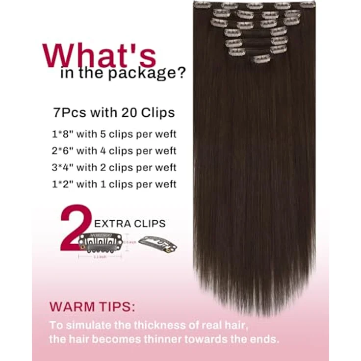 Moresoo Clip in Extensions Echthaar Dunkelbraun, 55 cm, 120g, 7 Stück, mit Edelstahlclips und optimalem Tragekomfort – Bild 3