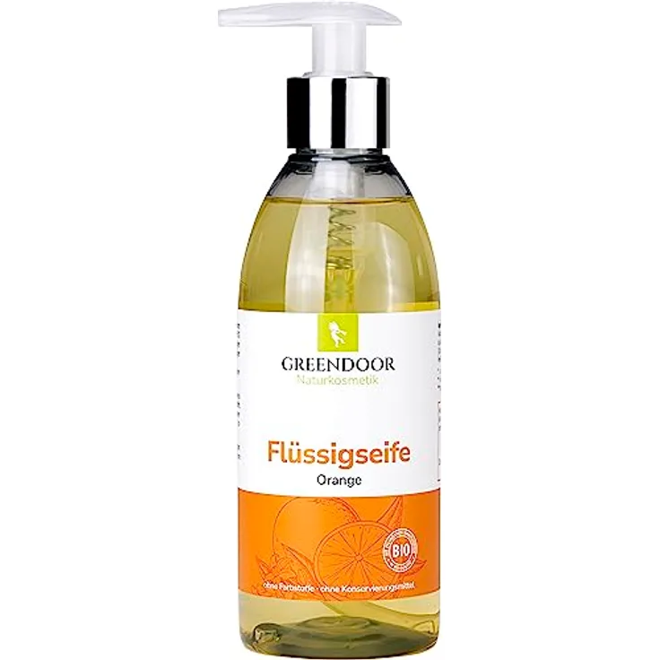 GREENDOOR Flüssigseife ORANGE mit Spender, Naturkosmetik biologisch abbaubar, vegan aus Bio Kokosöl, Natur pur Hände 250 ml