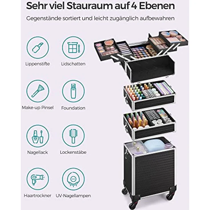 SONGMICS Kosmetikkoffer, Trolley, 4-in-1 Schminkkoffer, extra groß, abschließbar, 360° drehbare Rollen, schwarz – Bild 3