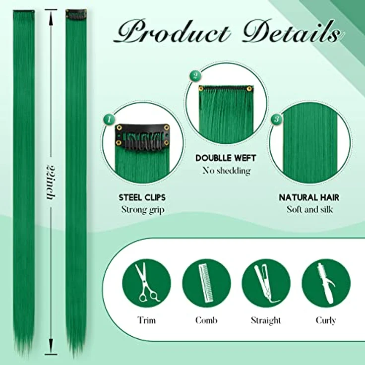FESHFEN Farbige Haarverlängerung, 10 PCS Grüne Synthetik Clip-in Haarteile, Bunte Glatte Haare für Damen, 55 cm, Ideal für Saint Patrick's Tag – Bild 4