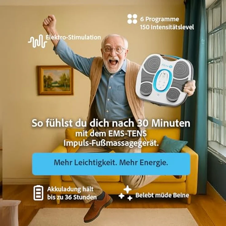 Mediashop Fllow EMS-Tens Fußmassagegerät, kabellos mit smarten Impulstherapie-Funktionen, 150 Stufen, inkl. Arthro-Pads zur gezielten Gelenkstimulation – Bild 4