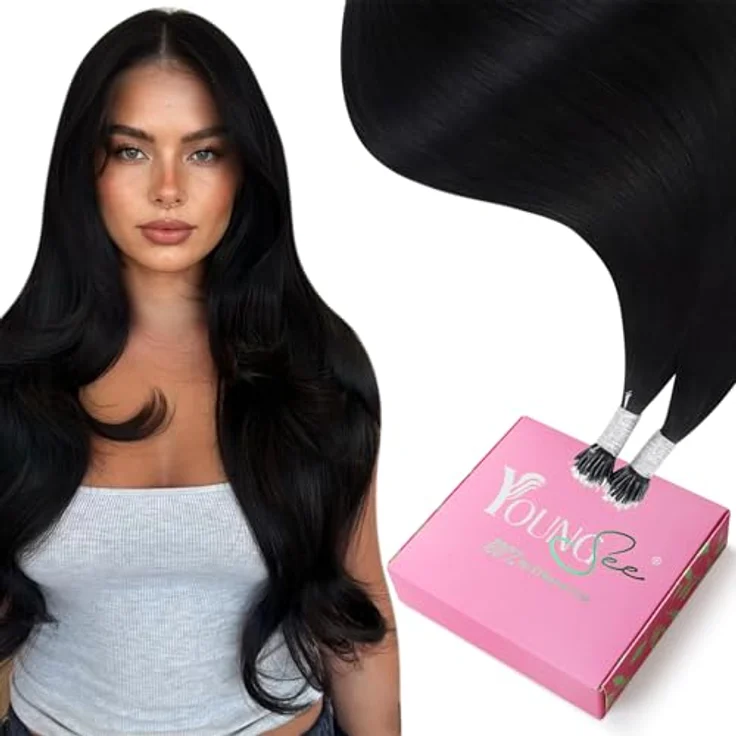 YoungSee Echthaar Nano-Ring Extensions, Schwarz, 40 cm, 50 g, schonende Anwendung für feines Haar, wiederverwendbar, unsichtbarer Übergang, pflegeleicht – Bild 1