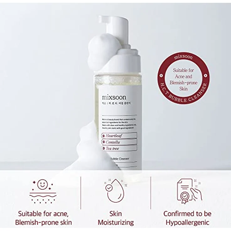 mixsoon H.C.T. Bubble Cleanser, Selbstschäumender Gesichtsreiniger mit Heartleaf, Centella & Teebaum, AHA/BHA Reinigung für empfindliche & zu Akne neigende Haut, 150 ml – Bild 3